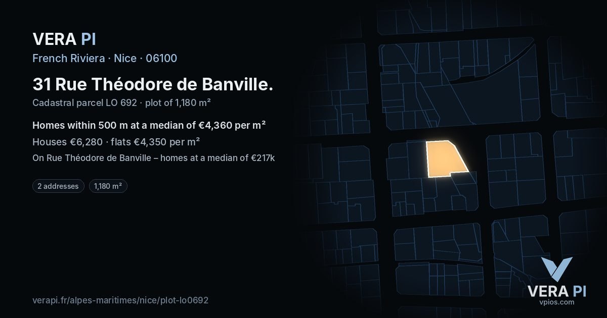 31 Rue Théodore de Banville, Nice at night – the plot lit, the parcels around coloured by the prices near them