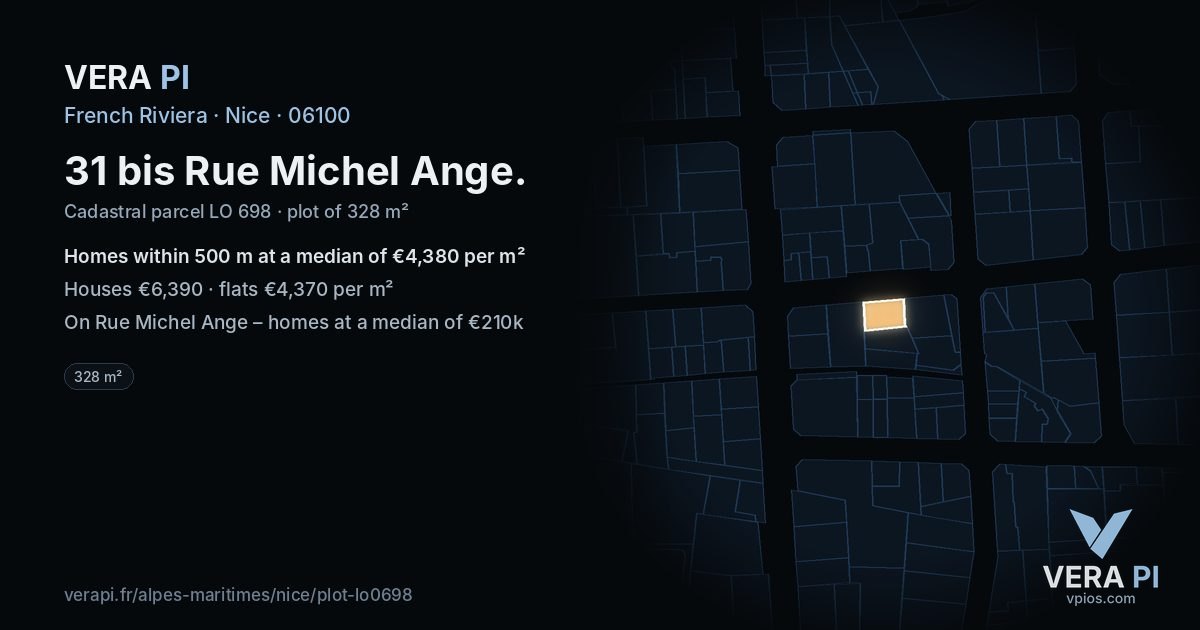 31 bis Rue Michel Ange, Nice at night – the plot lit, the parcels around coloured by the prices near them