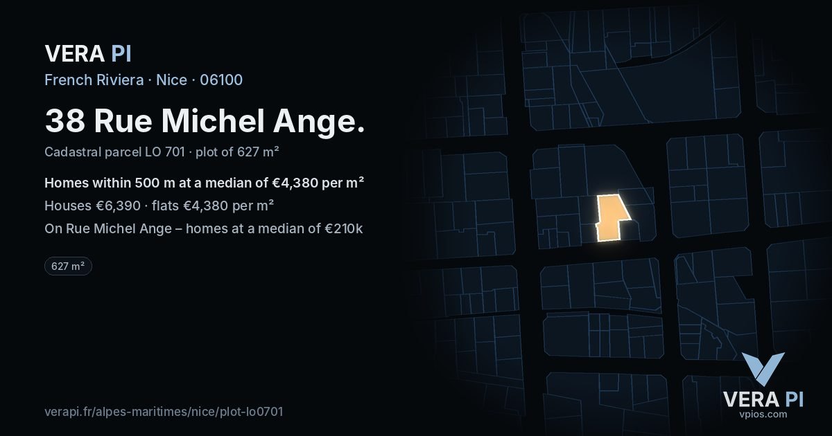 38 Rue Michel Ange, Nice at night – the plot lit, the parcels around coloured by the prices near them