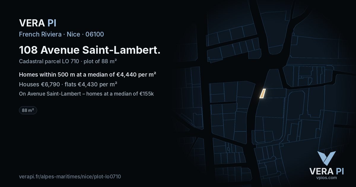 108 Avenue Saint-Lambert, Nice at night – the plot lit, the parcels around coloured by the prices near them