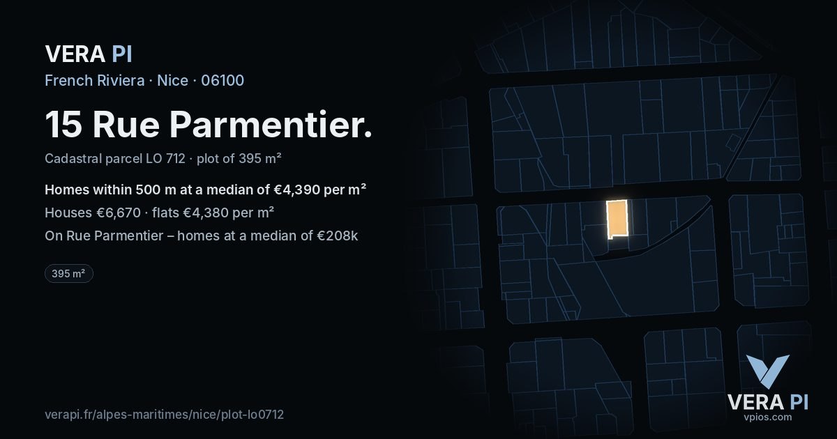 15 Rue Parmentier, Nice at night – the plot lit, the parcels around coloured by the prices near them