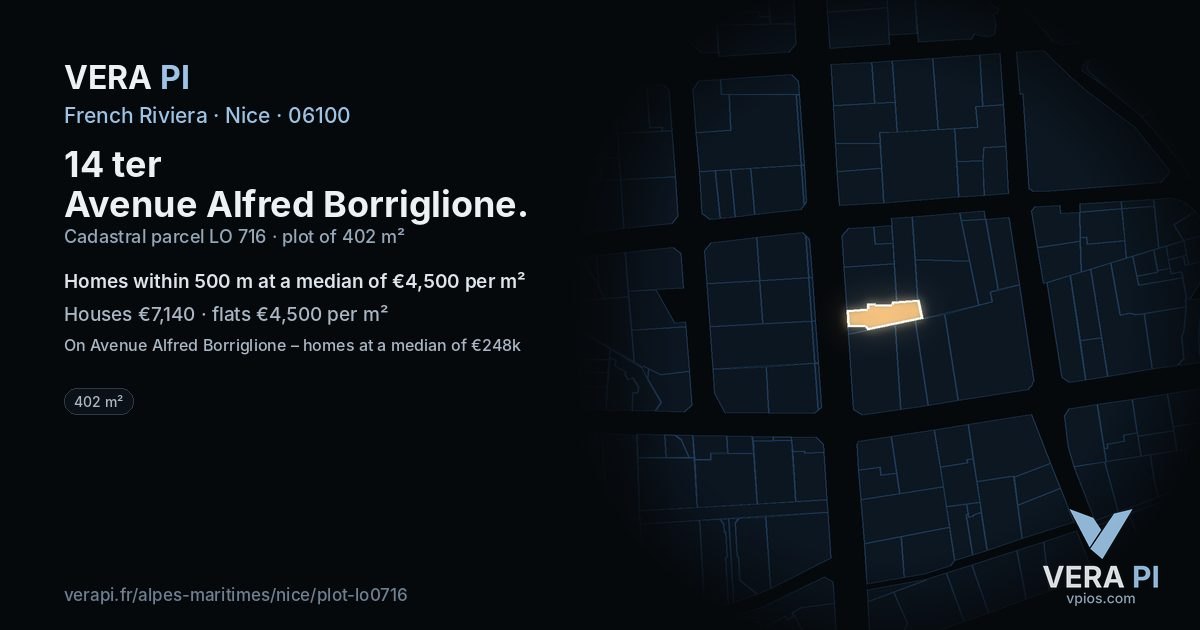 14 ter Avenue Alfred Borriglione, Nice at night – the plot lit, the parcels around coloured by the prices near them