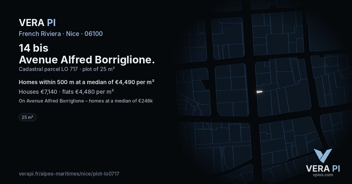 14 bis Avenue Alfred Borriglione, Nice at night – the plot lit, the parcels around coloured by the prices near them