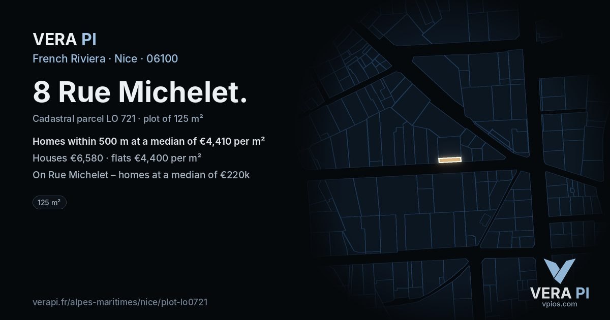 8 Rue Michelet, Nice at night – the plot lit, the parcels around coloured by the prices near them