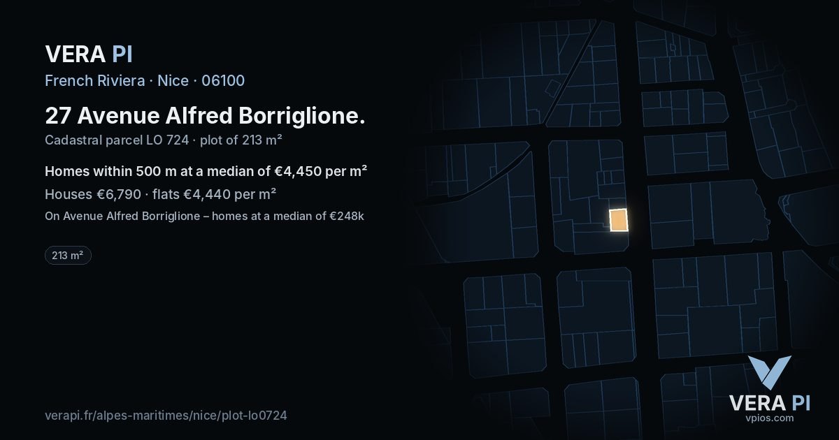 27 Avenue Alfred Borriglione, Nice at night – the plot lit, the parcels around coloured by the prices near them