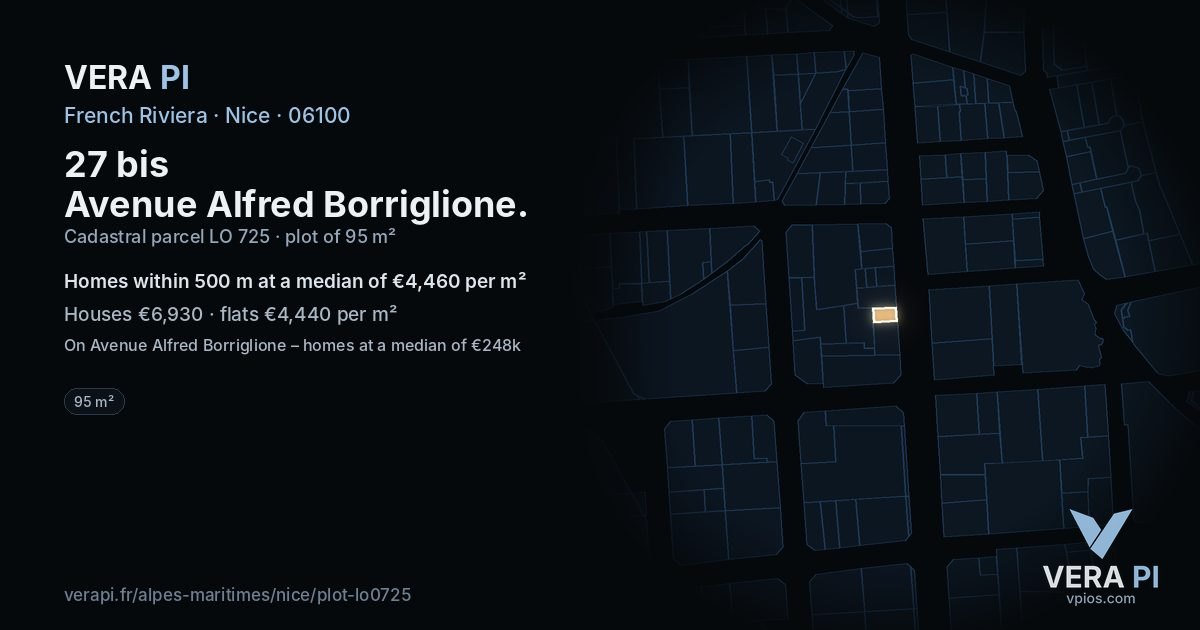 27 bis Avenue Alfred Borriglione, Nice at night – the plot lit, the parcels around coloured by the prices near them