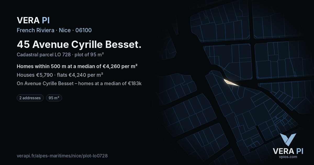 45 Avenue Cyrille Besset, Nice at night – the plot lit, the parcels around coloured by the prices near them