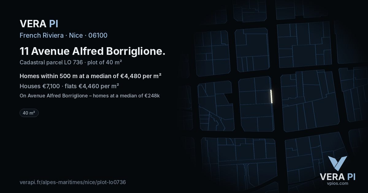 11 Avenue Alfred Borriglione, Nice at night – the plot lit, the parcels around coloured by the prices near them