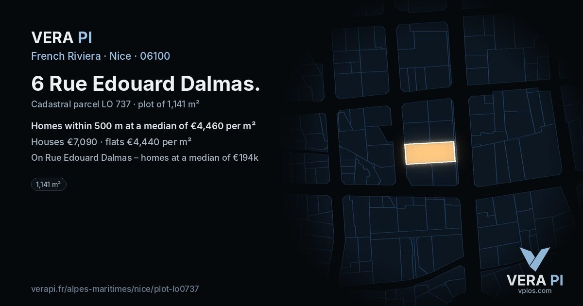 6 Rue Edouard Dalmas, Nice at night – the plot lit, the parcels around coloured by the prices near them