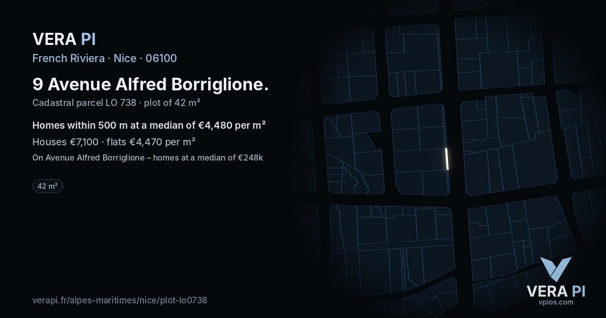9 Avenue Alfred Borriglione, Nice at night – the plot lit, the parcels around coloured by the prices near them