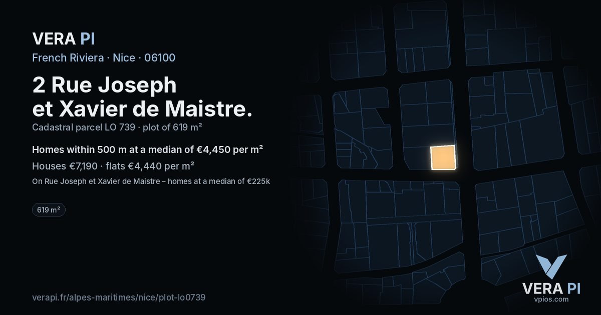 2 Rue Joseph et Xavier de Maistre, Nice at night – the plot lit, the parcels around coloured by the prices near them