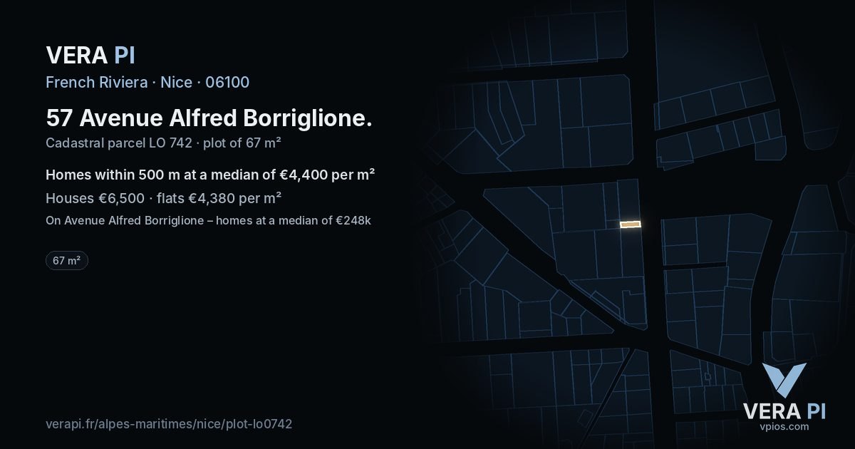 57 Avenue Alfred Borriglione, Nice at night – the plot lit, the parcels around coloured by the prices near them