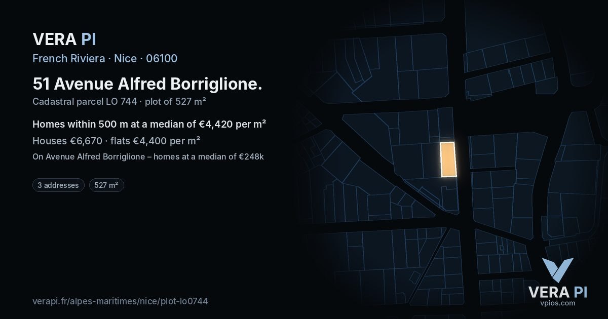 51 Avenue Alfred Borriglione, Nice at night – the plot lit, the parcels around coloured by the prices near them