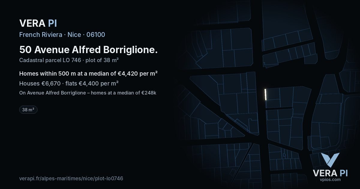 50 Avenue Alfred Borriglione, Nice at night – the plot lit, the parcels around coloured by the prices near them