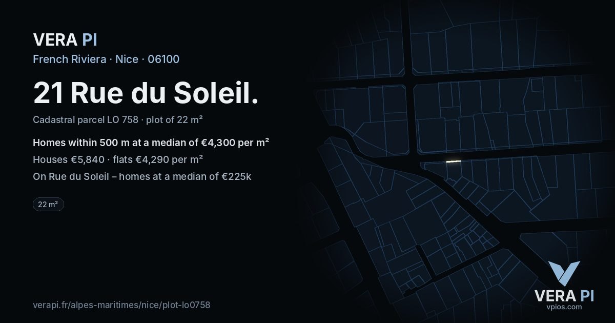 21 Rue du Soleil, Nice at night – the plot lit, the parcels around coloured by the prices near them