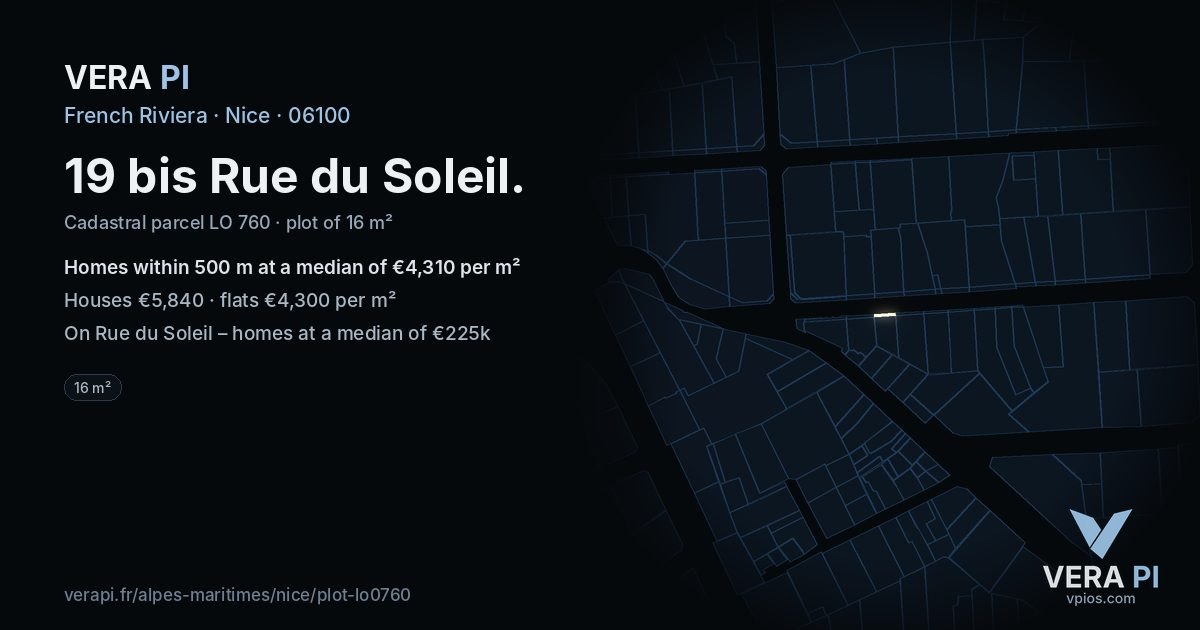 19 bis Rue du Soleil, Nice at night – the plot lit, the parcels around coloured by the prices near them
