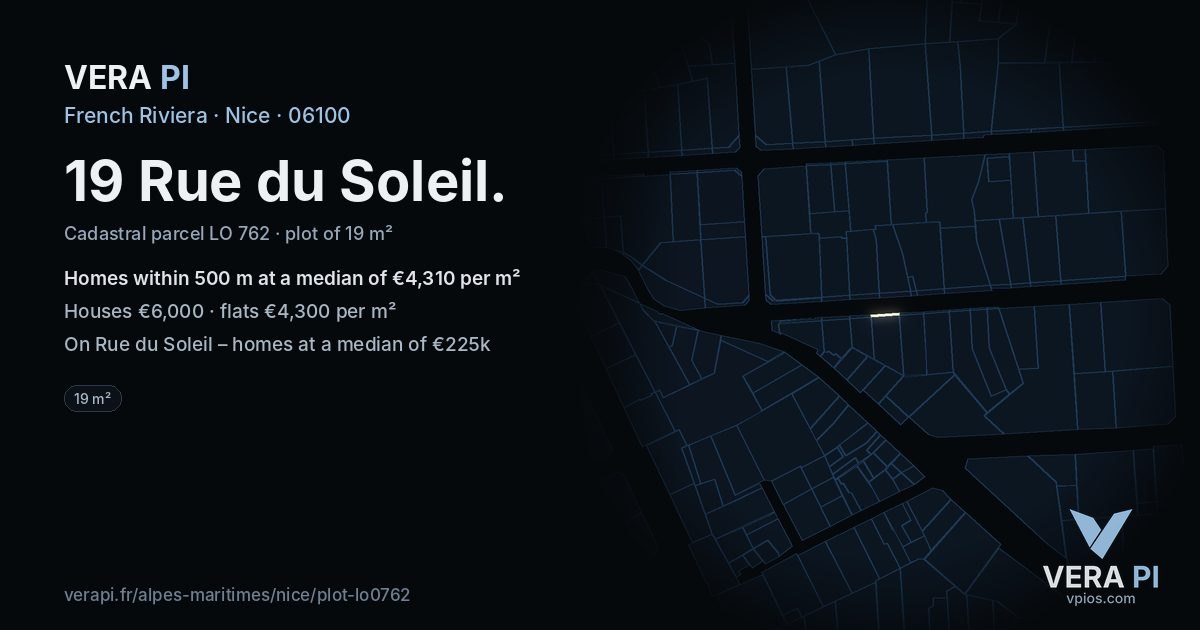 19 Rue du Soleil, Nice at night – the plot lit, the parcels around coloured by the prices near them