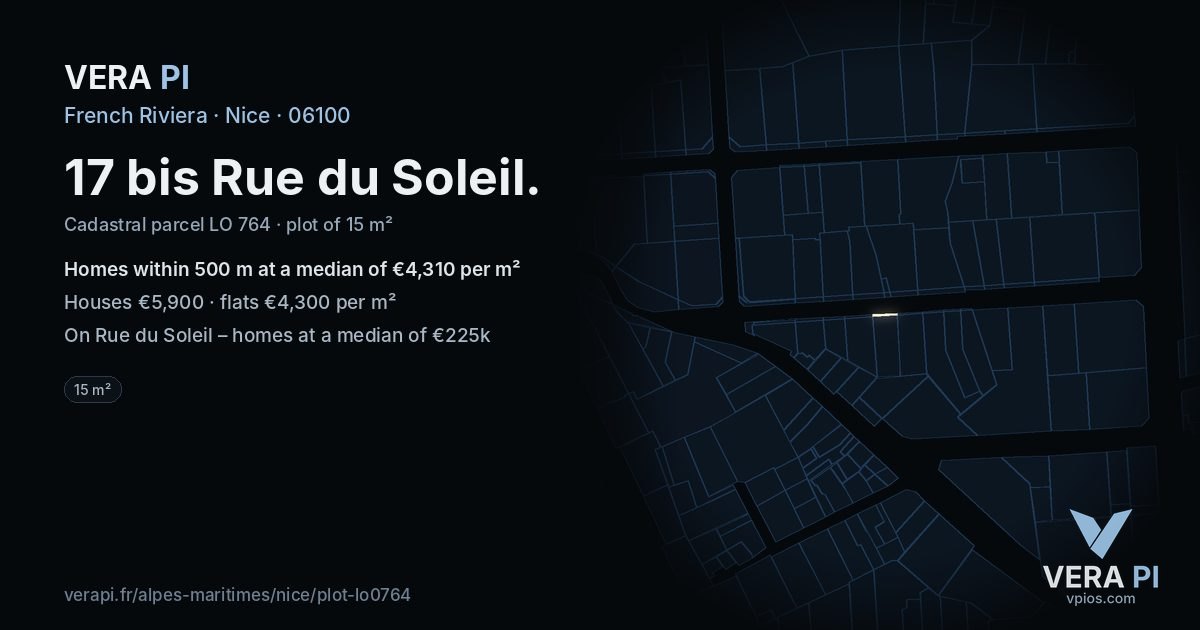 17 bis Rue du Soleil, Nice at night – the plot lit, the parcels around coloured by the prices near them