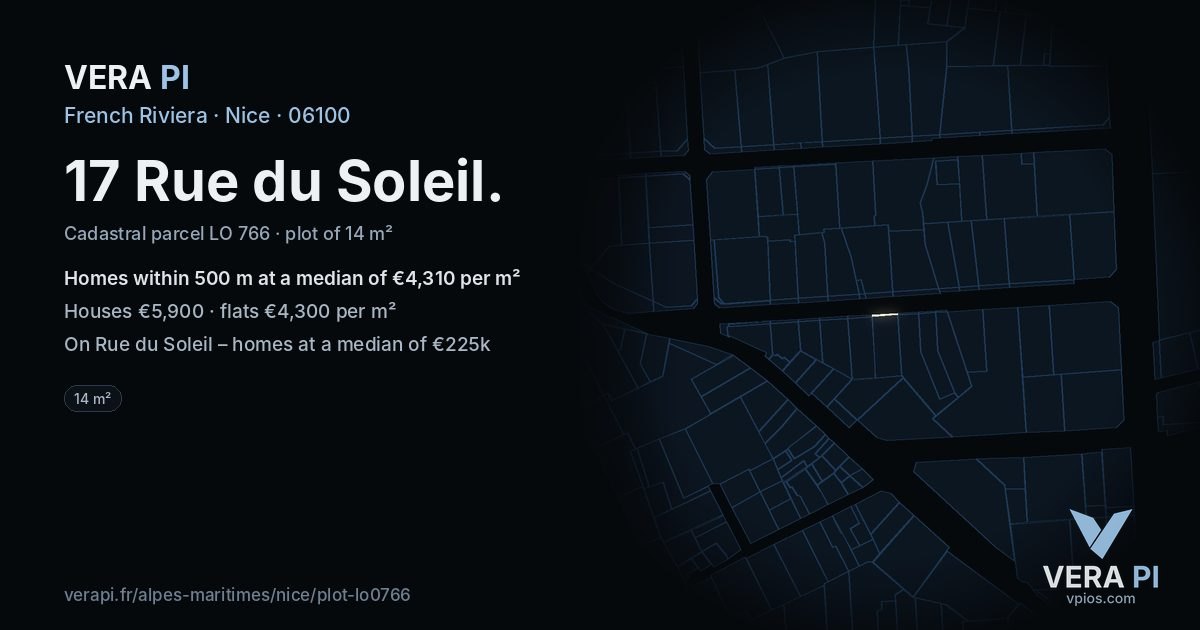 17 Rue du Soleil, Nice at night – the plot lit, the parcels around coloured by the prices near them