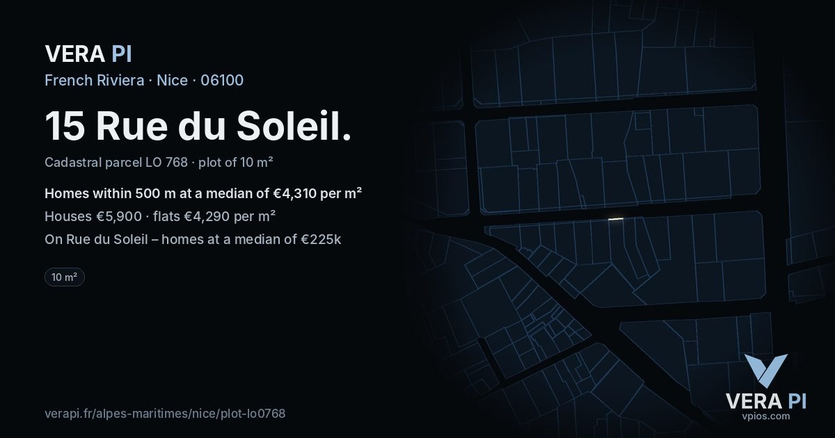 15 Rue du Soleil, Nice at night – the plot lit, the parcels around coloured by the prices near them