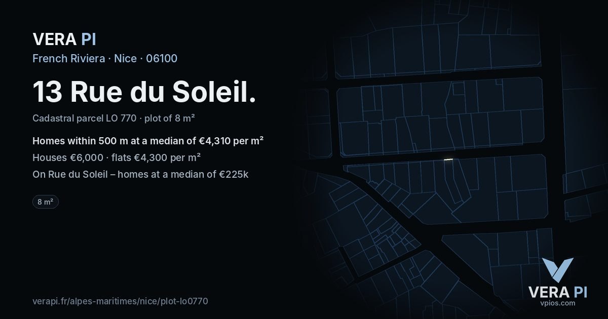 13 Rue du Soleil, Nice at night – the plot lit, the parcels around coloured by the prices near them