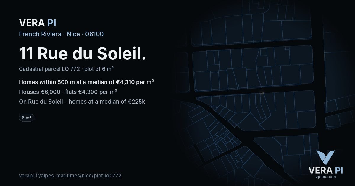 11 Rue du Soleil, Nice at night – the plot lit, the parcels around coloured by the prices near them