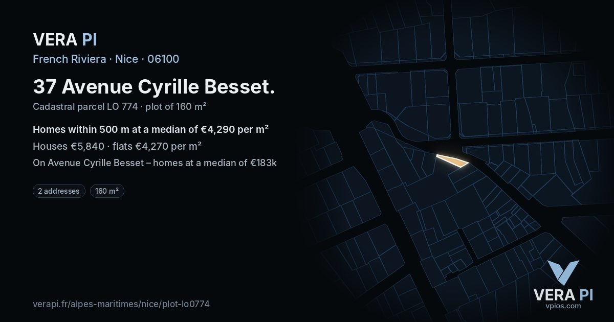 37 Avenue Cyrille Besset, Nice at night – the plot lit, the parcels around coloured by the prices near them