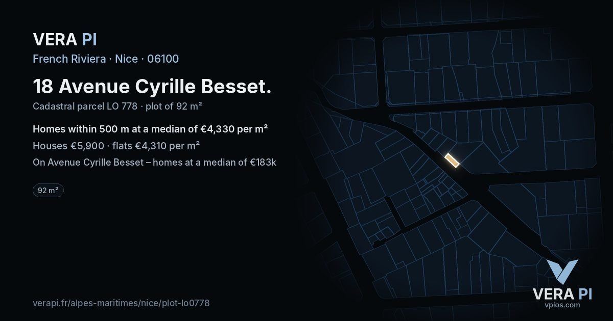 18 Avenue Cyrille Besset, Nice at night – the plot lit, the parcels around coloured by the prices near them