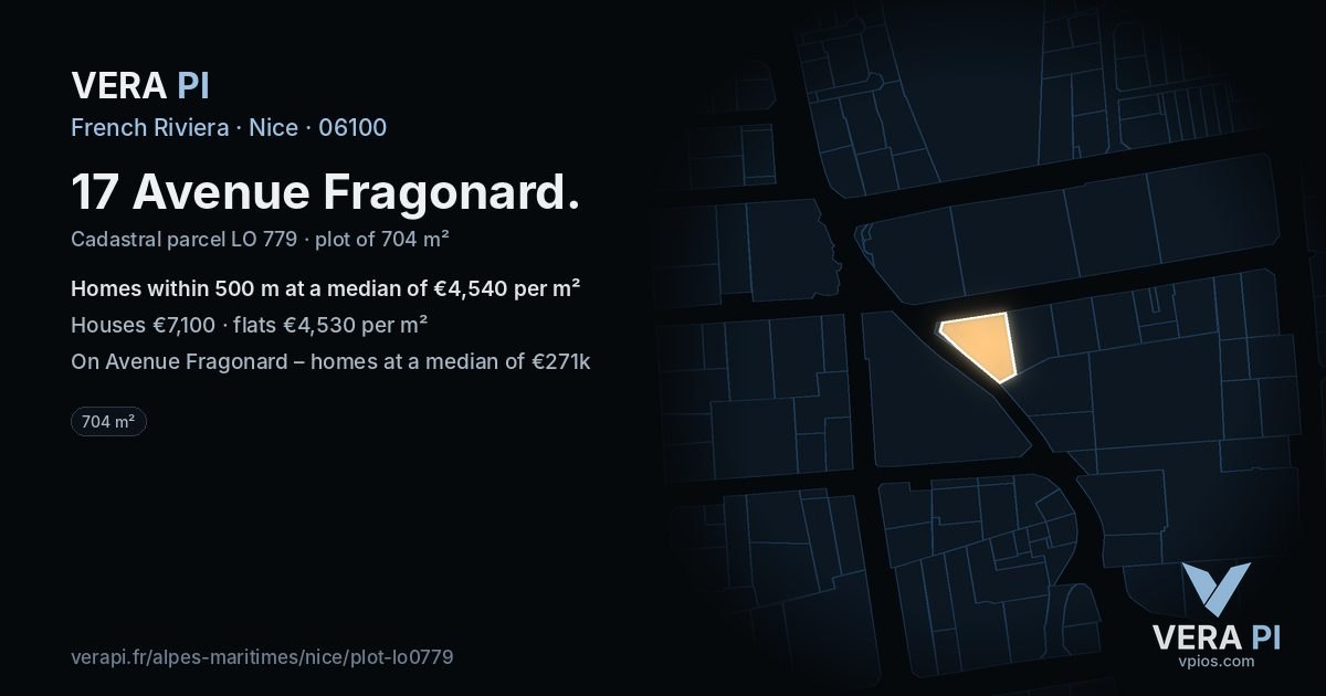 17 Avenue Fragonard, Nice at night – the plot lit, the parcels around coloured by the prices near them