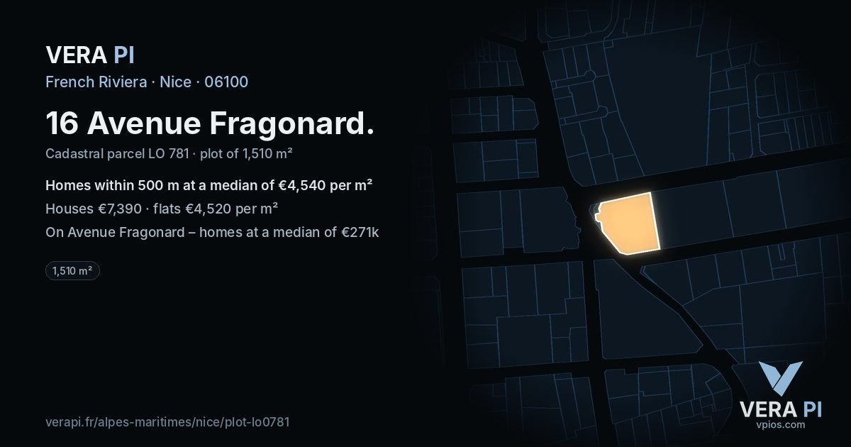 16 Avenue Fragonard, Nice at night – the plot lit, the parcels around coloured by the prices near them