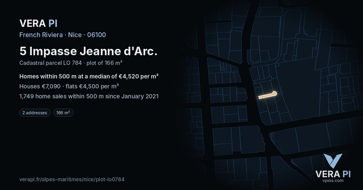 5 Impasse Jeanne d'Arc, Nice at night – the plot lit, the parcels around coloured by the prices near them