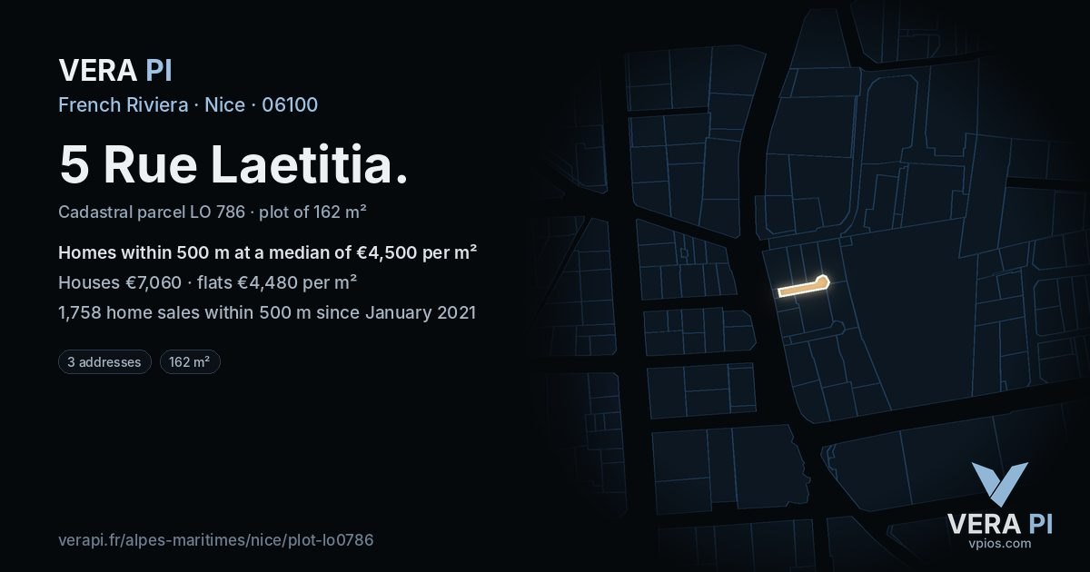 5 Rue Laetitia, Nice at night – the plot lit, the parcels around coloured by the prices near them