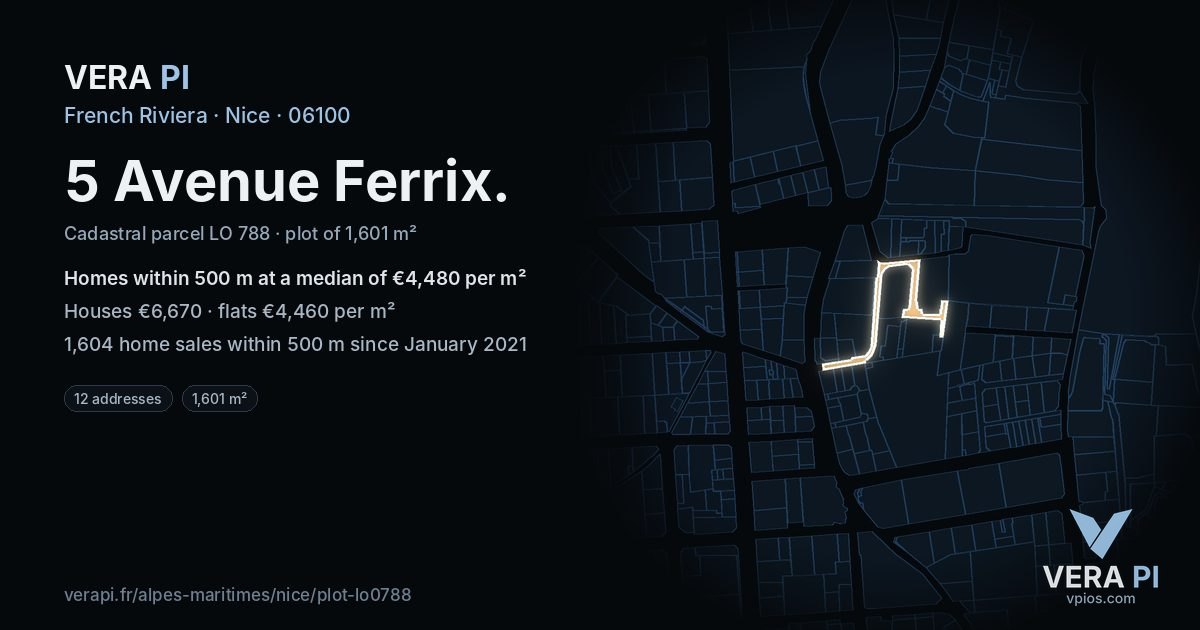 5 Avenue Ferrix, Nice at night – the plot lit, the parcels around coloured by the prices near them
