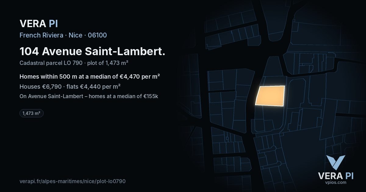 104 Avenue Saint-Lambert, Nice at night – the plot lit, the parcels around coloured by the prices near them