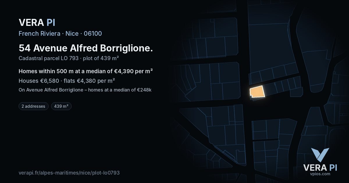 54 Avenue Alfred Borriglione, Nice at night – the plot lit, the parcels around coloured by the prices near them