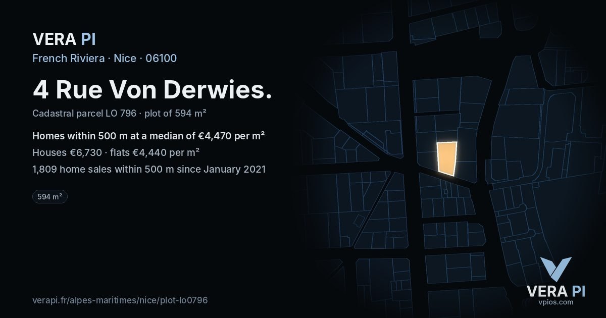 4 Rue Von Derwies, Nice at night – the plot lit, the parcels around coloured by the prices near them