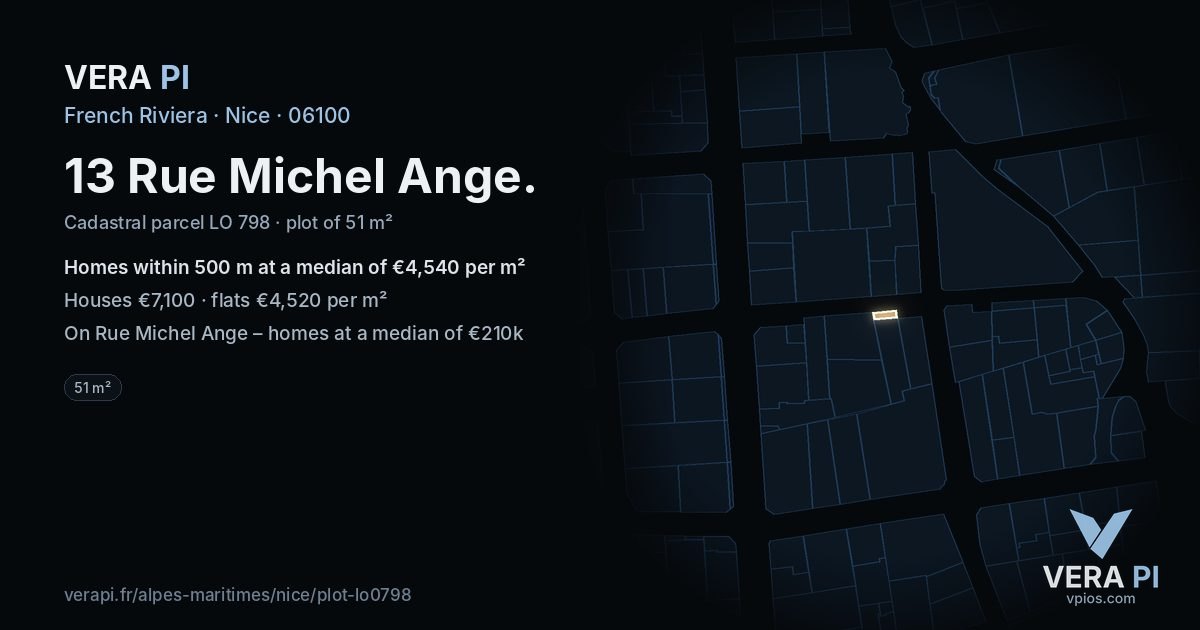 13 Rue Michel Ange, Nice at night – the plot lit, the parcels around coloured by the prices near them