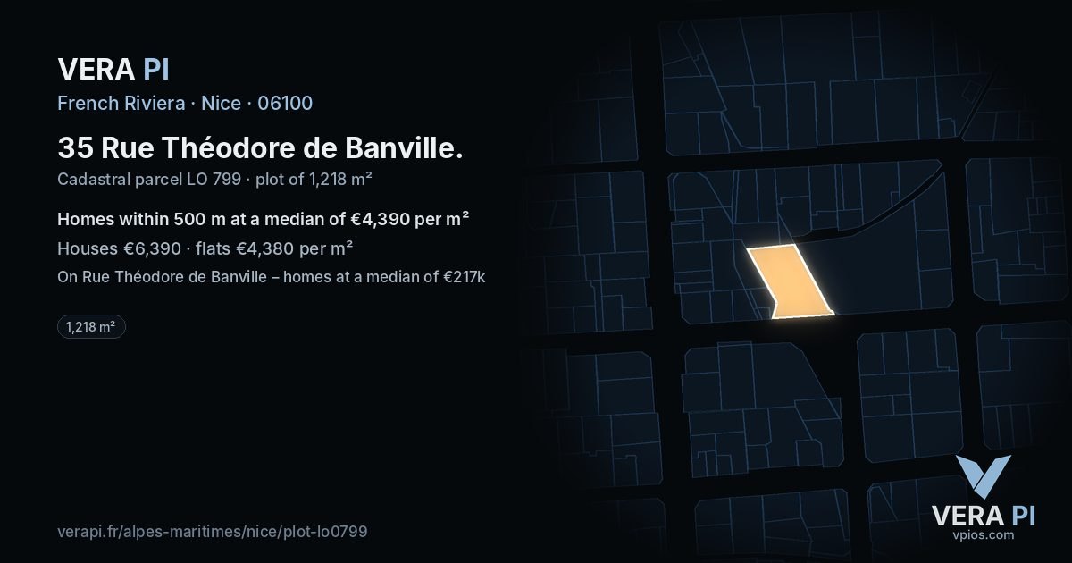 35 Rue Théodore de Banville, Nice at night – the plot lit, the parcels around coloured by the prices near them