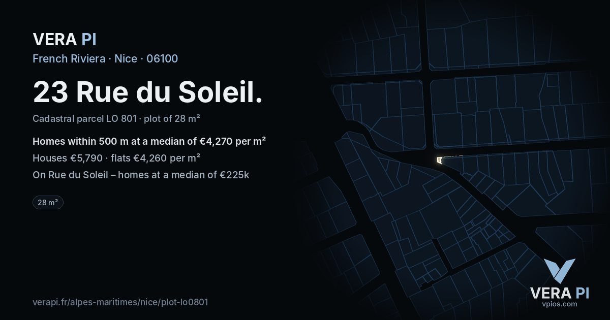 23 Rue du Soleil, Nice at night – the plot lit, the parcels around coloured by the prices near them
