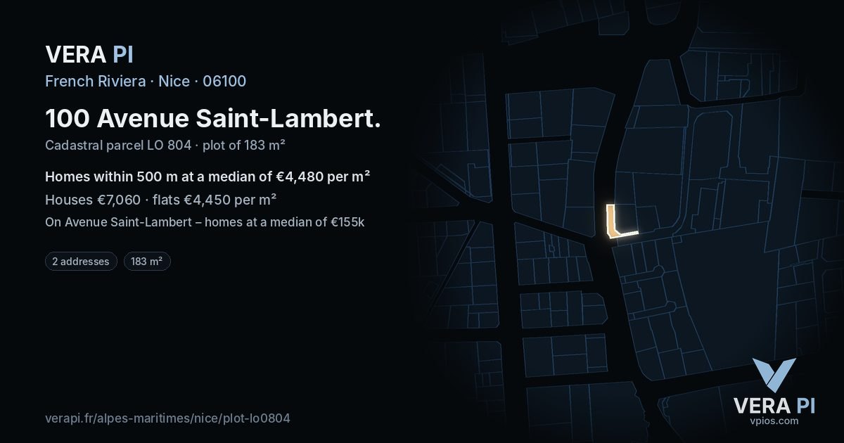 100 Avenue Saint-Lambert, Nice at night – the plot lit, the parcels around coloured by the prices near them