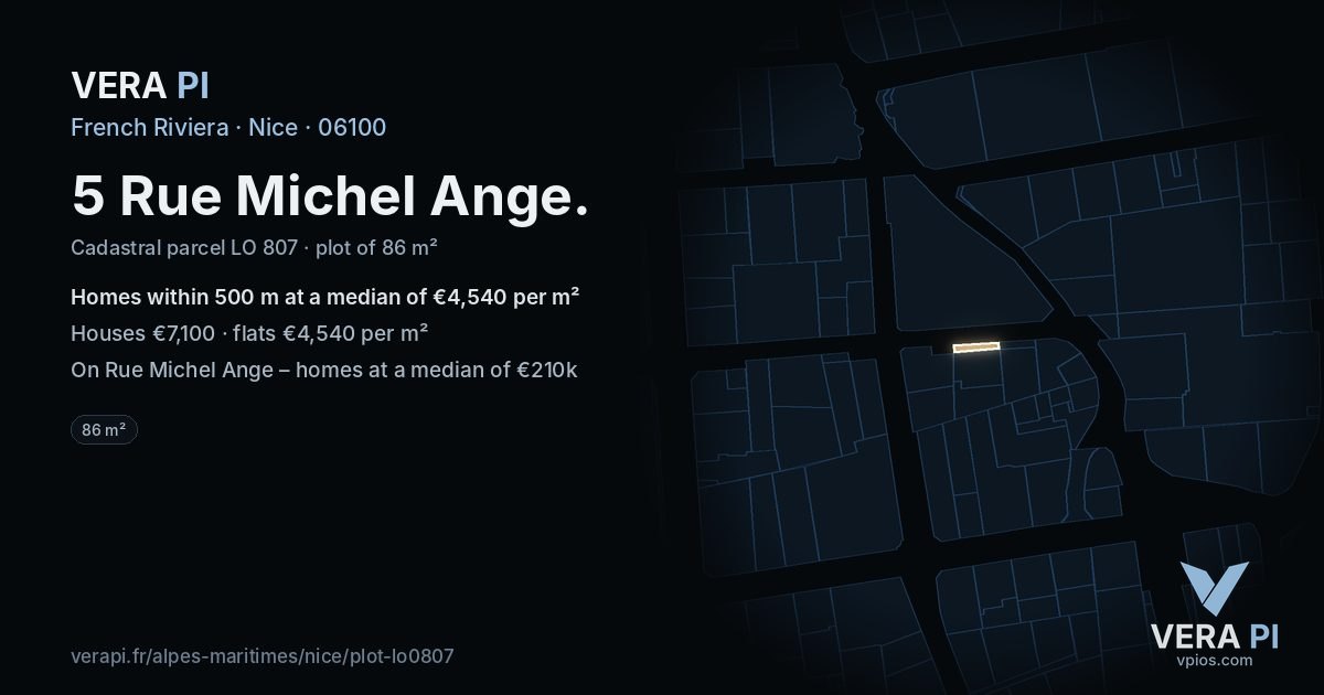 5 Rue Michel Ange, Nice at night – the plot lit, the parcels around coloured by the prices near them