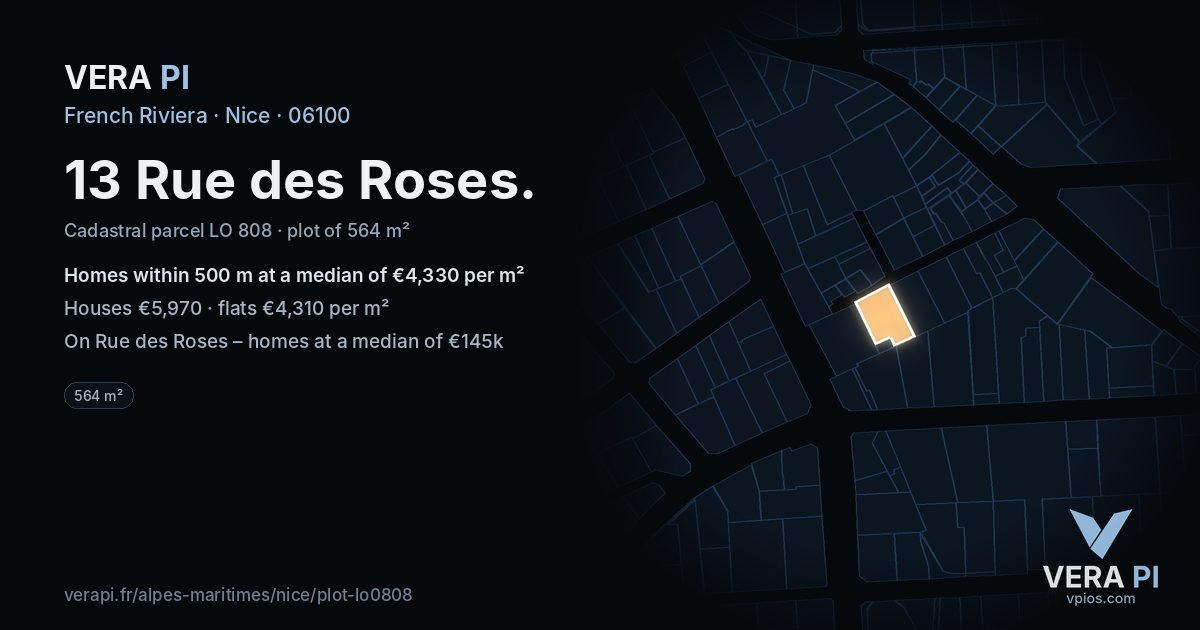 13 Rue des Roses, Nice at night – the plot lit, the parcels around coloured by the prices near them