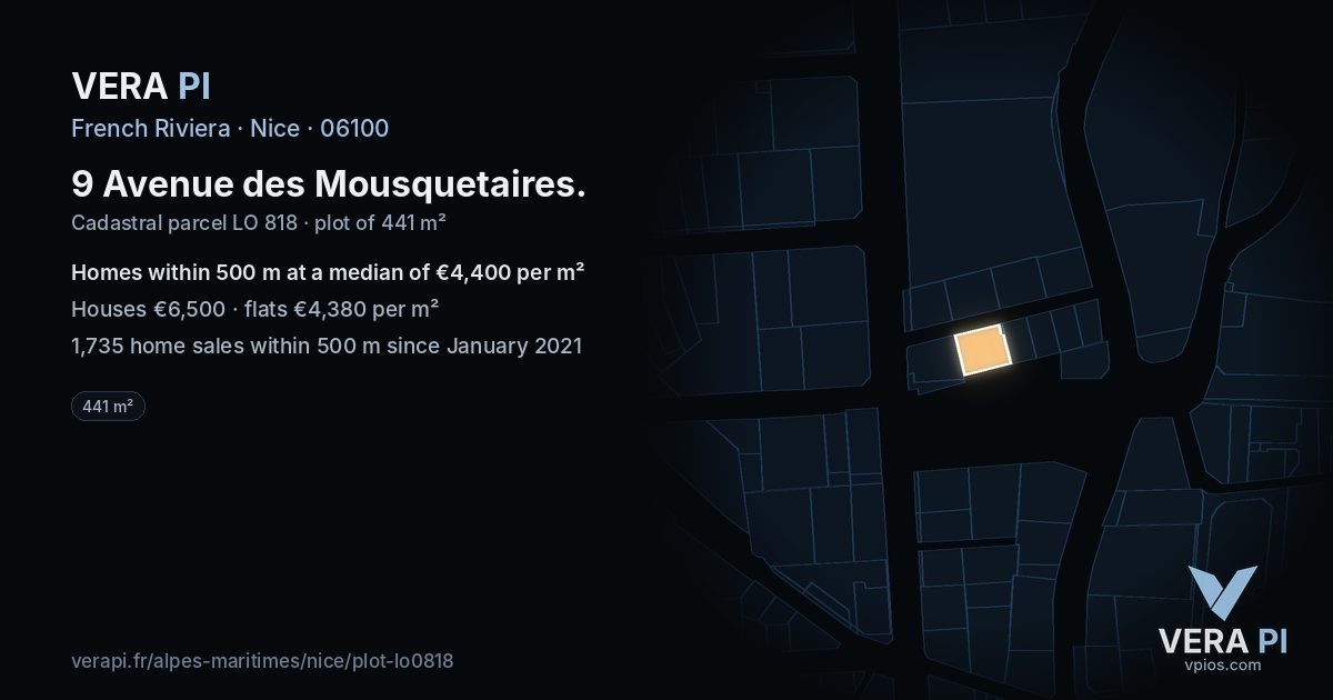 9 Avenue des Mousquetaires, Nice at night – the plot lit, the parcels around coloured by the prices near them