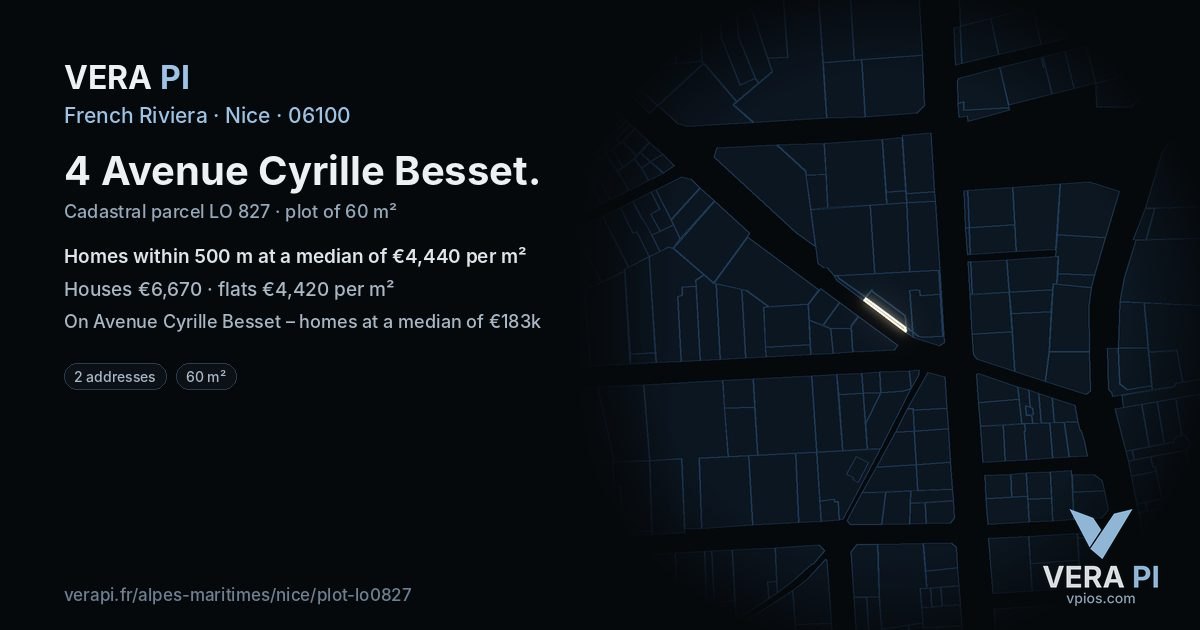 4 Avenue Cyrille Besset, Nice at night – the plot lit, the parcels around coloured by the prices near them