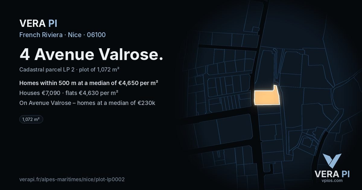 4 Avenue Valrose, Nice at night – the plot lit, the parcels around coloured by the prices near them