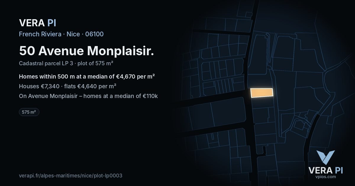 50 Avenue Monplaisir, Nice at night – the plot lit, the parcels around coloured by the prices near them