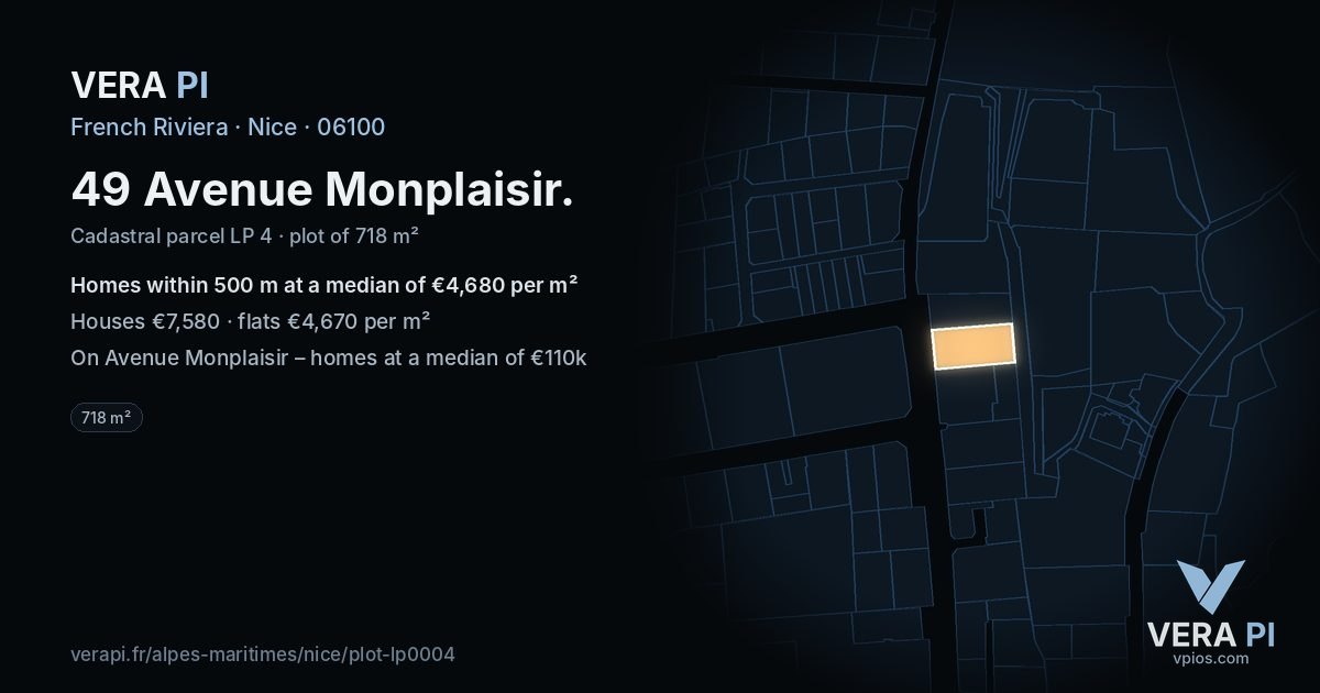 49 Avenue Monplaisir, Nice at night – the plot lit, the parcels around coloured by the prices near them