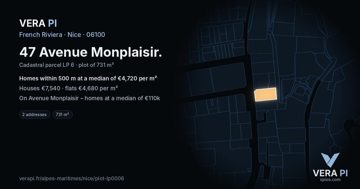 47 Avenue Monplaisir, Nice at night – the plot lit, the parcels around coloured by the prices near them
