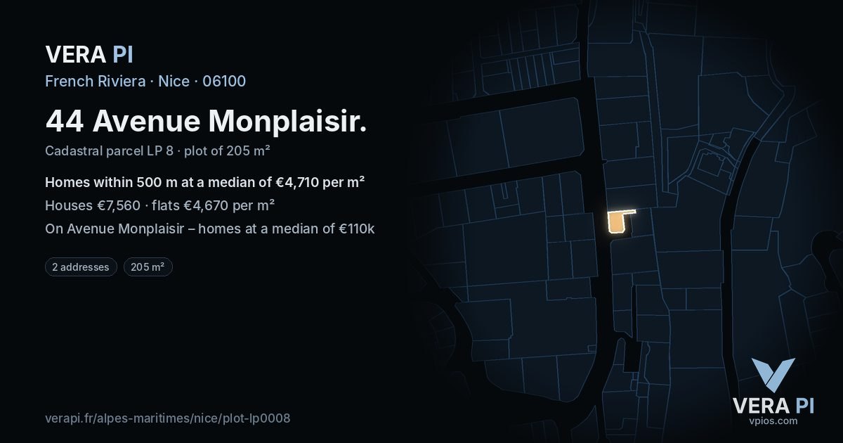 44 Avenue Monplaisir, Nice at night – the plot lit, the parcels around coloured by the prices near them