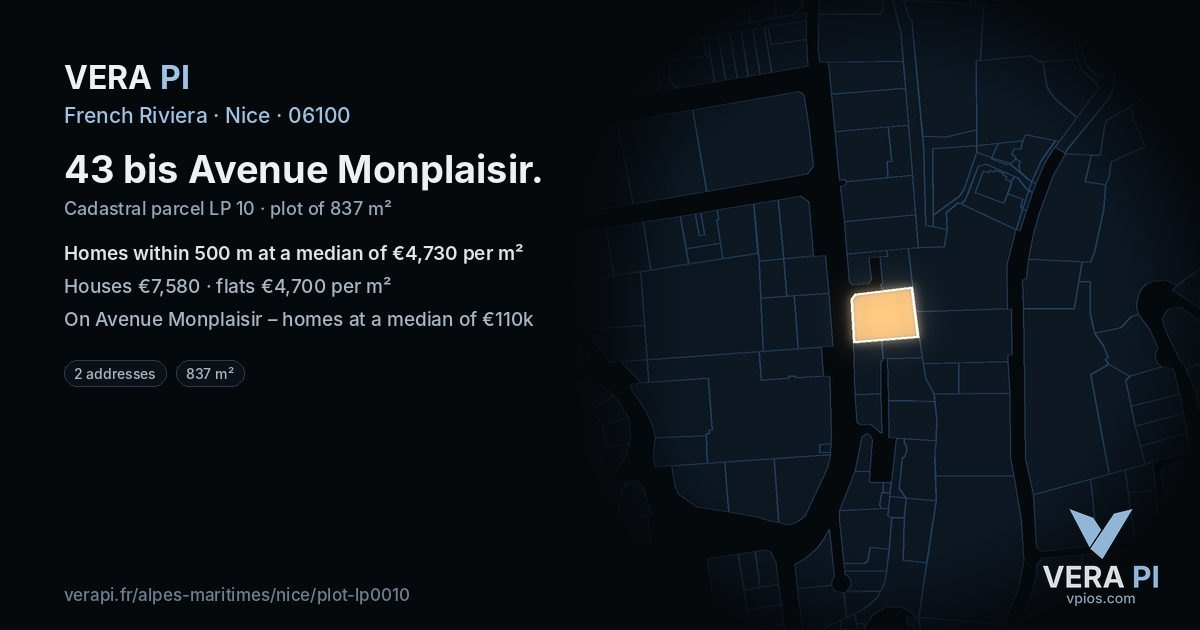 43 bis Avenue Monplaisir, Nice at night – the plot lit, the parcels around coloured by the prices near them